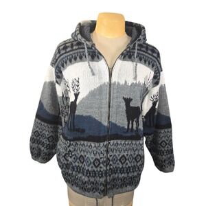 Ruminahui Wool Hoodie Full Zip Otavalo Ecuador Deer Landscape Grey Blue Sweater